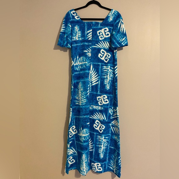 Vintage  maxi dress women’s medium palm fronds barkcloth blue - Picture 11 of 11